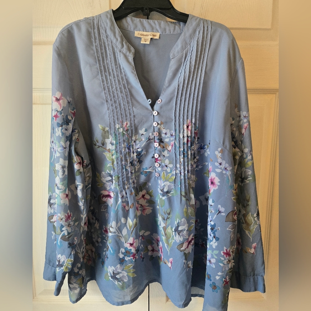 Coldwater Creek Floral Button-Down Blouse in Blue